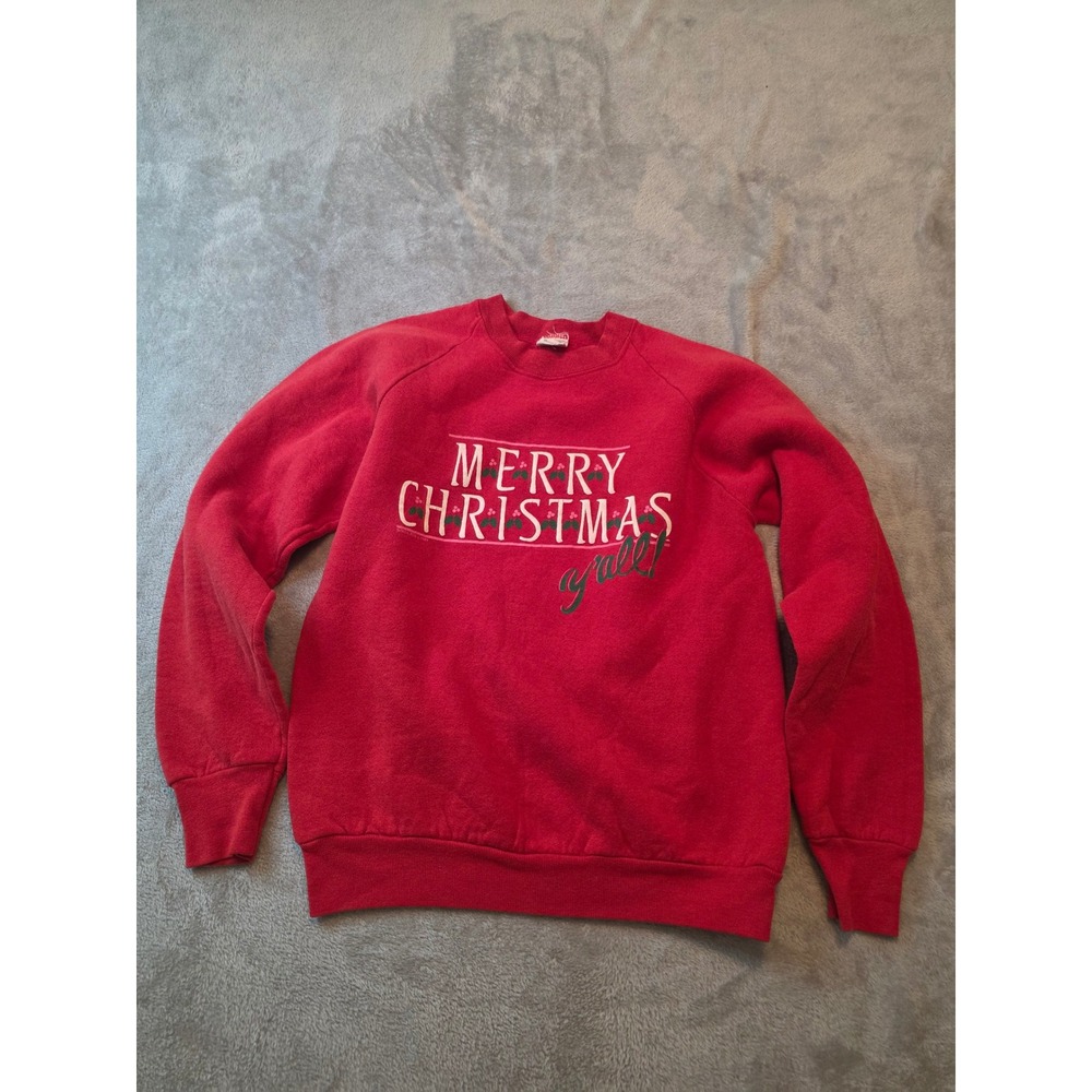 Merry Christmas Yall Sweatshirt Girls M Red Vintage Fruit of the Loom 1989